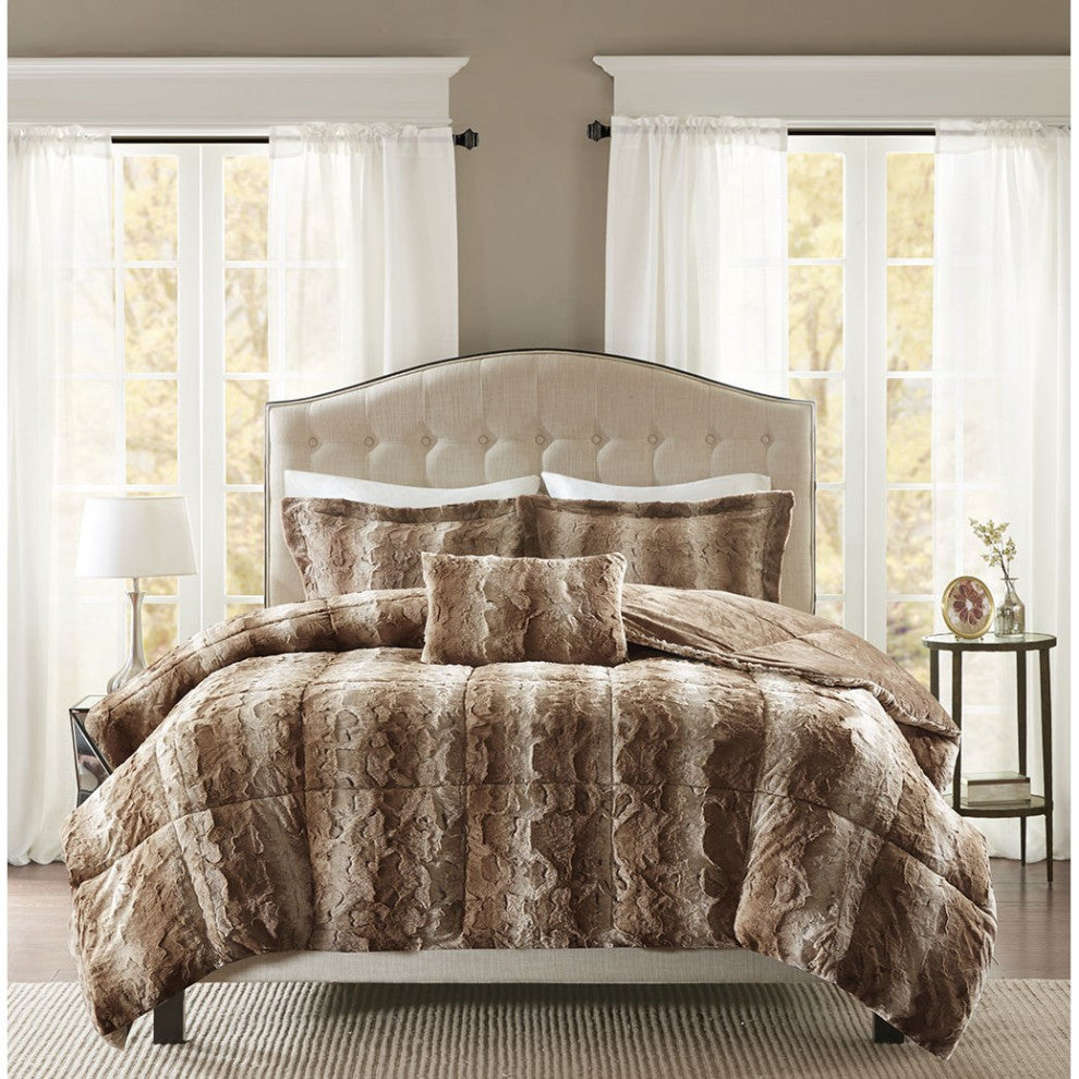 Madison Park Zuri Long Faux Fur 4-Piece Comforter Set, Tan, King