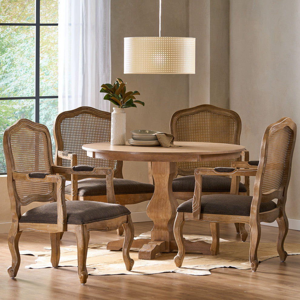 Absaroka French Country Fabric Wood and Cane 5-Piece Dining Set, Natural/Brown