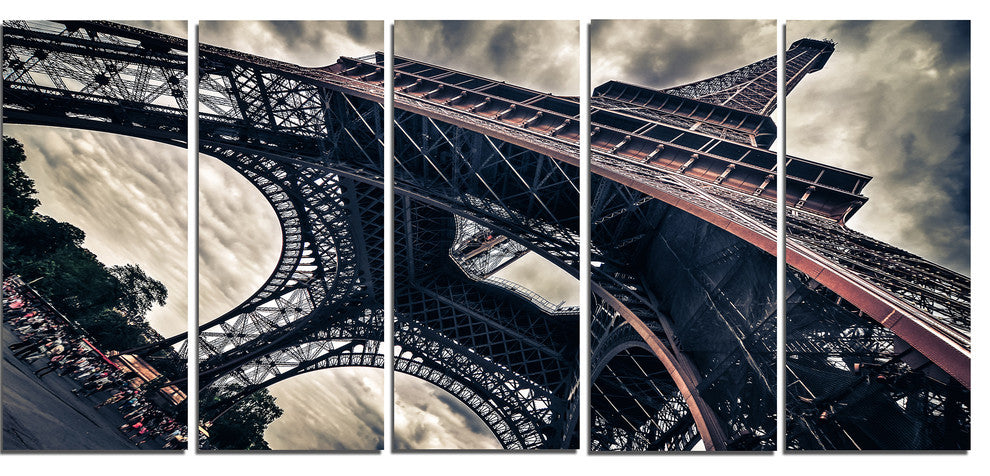 "Paris Eiffel Tower in Grungy Dramatic Style" Cityscape Art, 60"x28", 5-Panels
