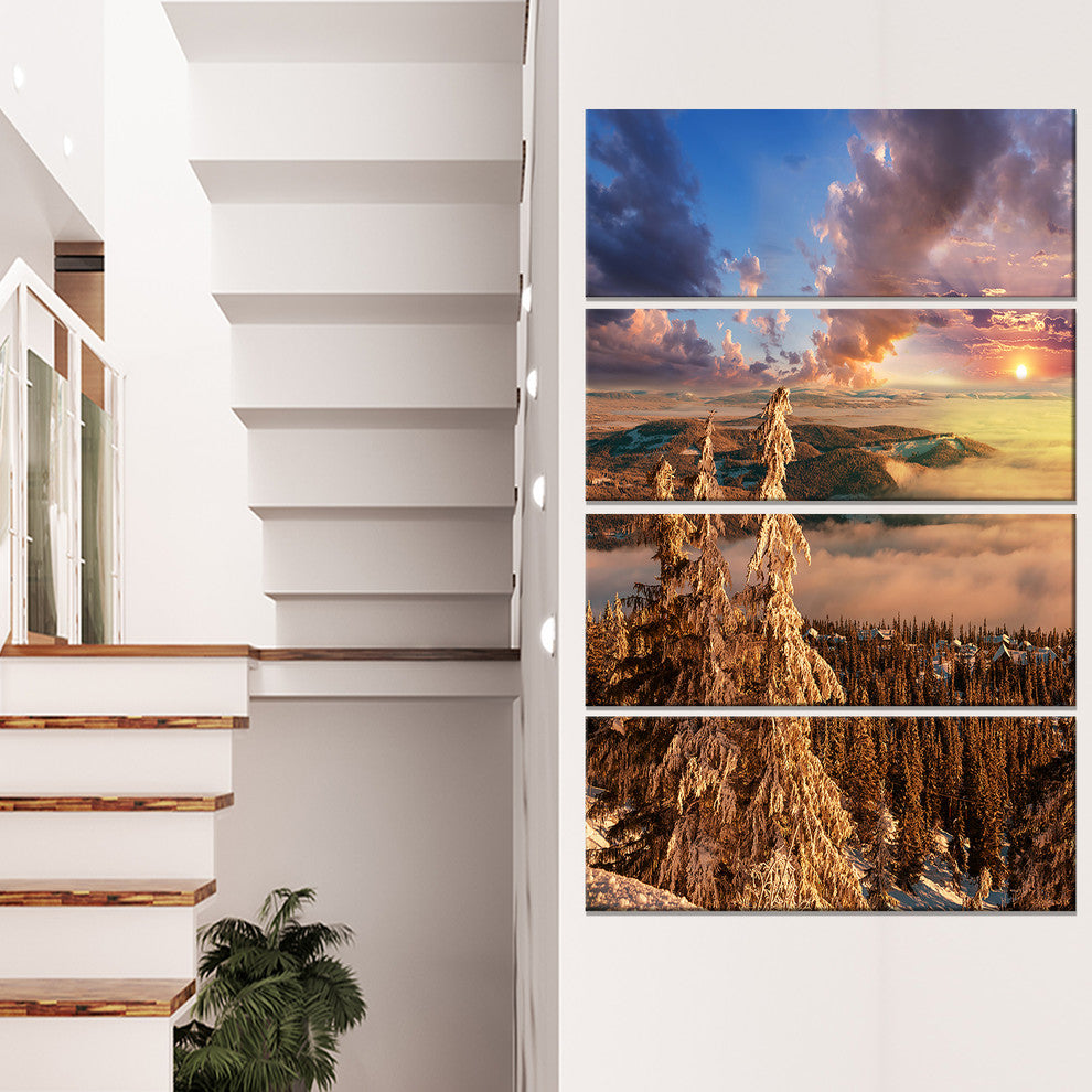 Beautiful Jungle with Fog At Sunset, Landscape Canvas Art, 28"x48", 4 Panels