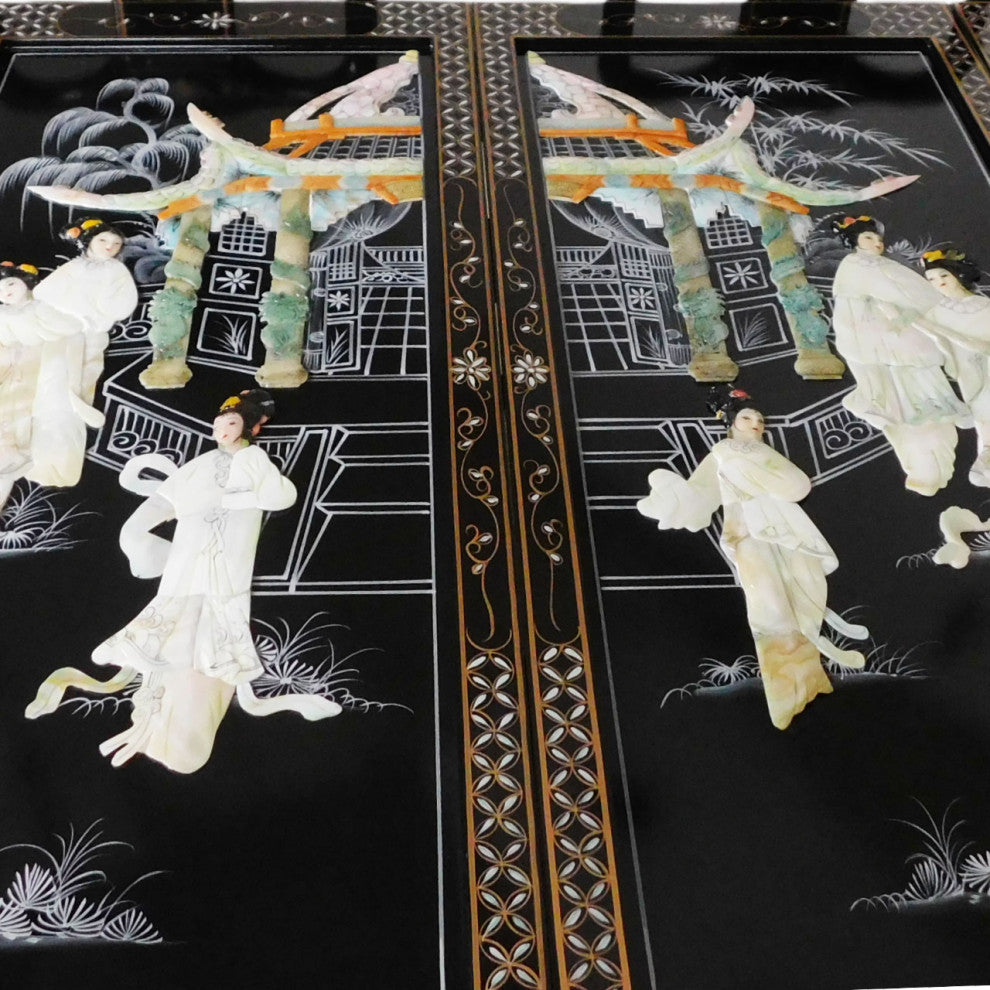 Black Lacquered With Mother Of Pearl Oriental Dining Table Set