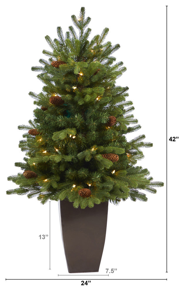 3.5' Yukon Mountain Fir Faux Xmas Tree W/50 Lights & Pinecones, Bronze Planter