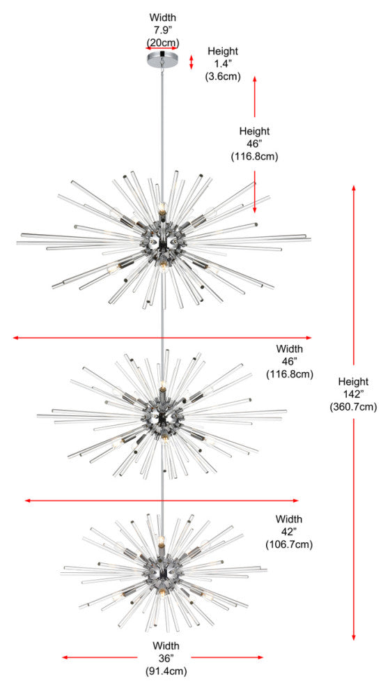 Home Living 46" Three Tiers Crystal Starburst Chandelier, Chrome