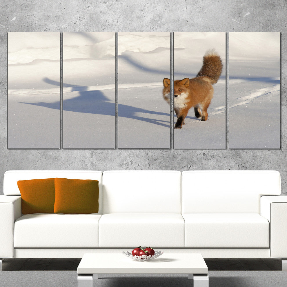 Brown Winter Cat with Footprints, Oversized Animal Wall Art, 60"x28", 5 Panels