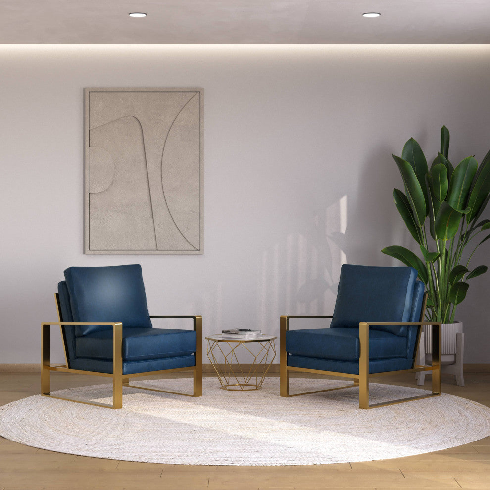 LeisureMod Jefferson Arm Chairs With Gold Frame and Coffee Table, Navy Blue