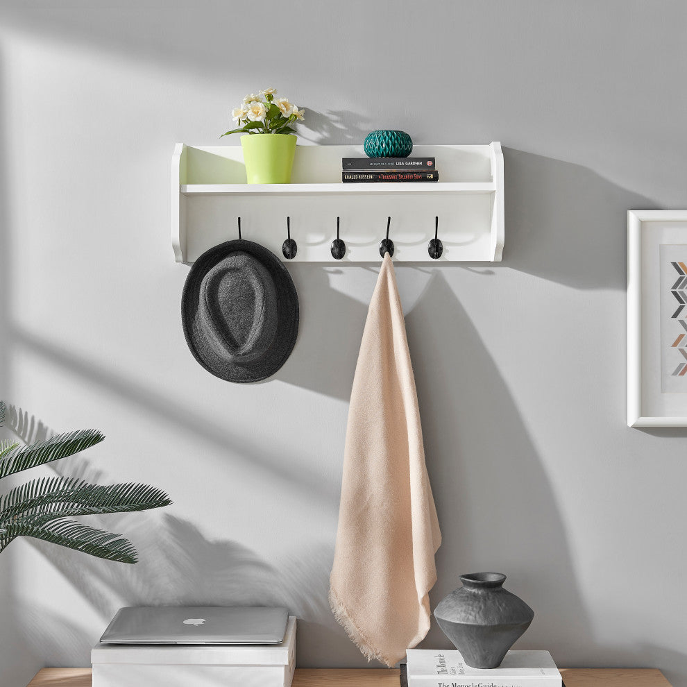 Danya B. Entryway Floating Utility Wall Shelf with Hooks "“ Wall Mounted, White