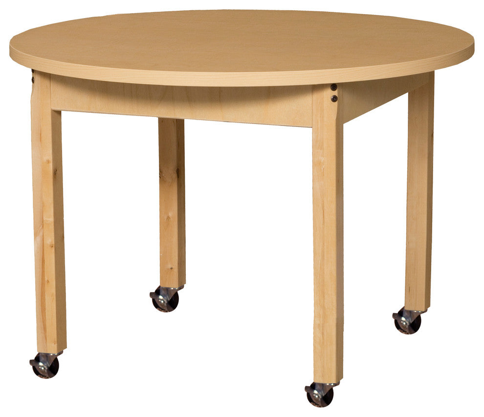 Mobile Round High Pressure Laminate Table with Hardwood Legs, 26"