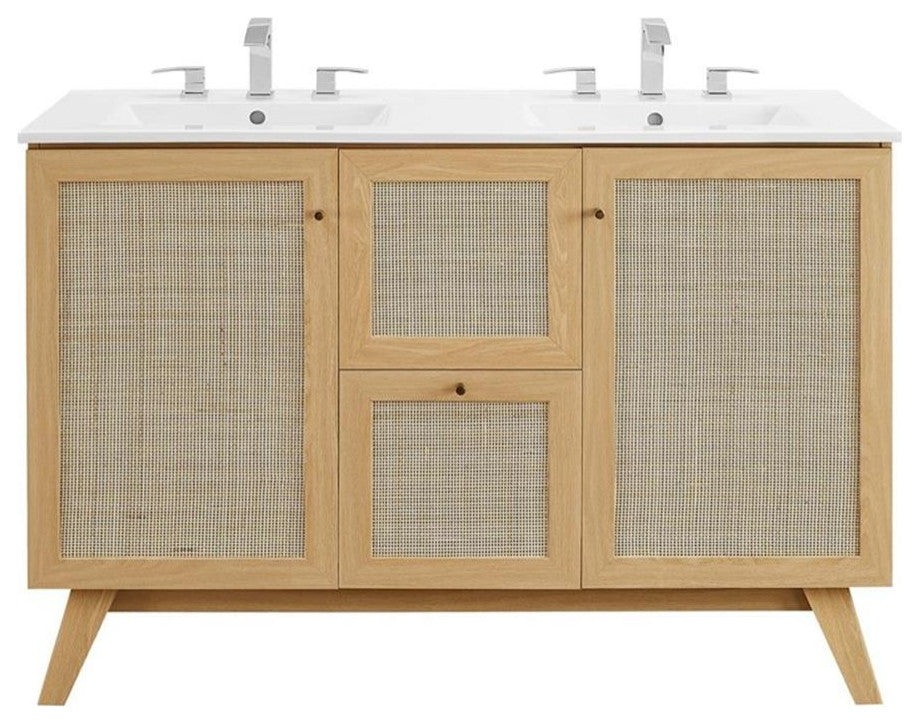 Modway Soma 48" Double Sink Modern Wood Bathroom Vanity in Oak and White