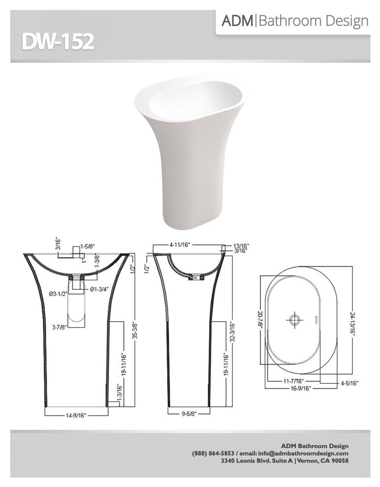 ADM Oval Freestanding Pedestal Sink, White, 25", Glossy White