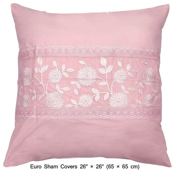 Queen Duvet Cover 3 Pc set in Soft Pink Cotton, Lace Embroidery, Pink, Lace