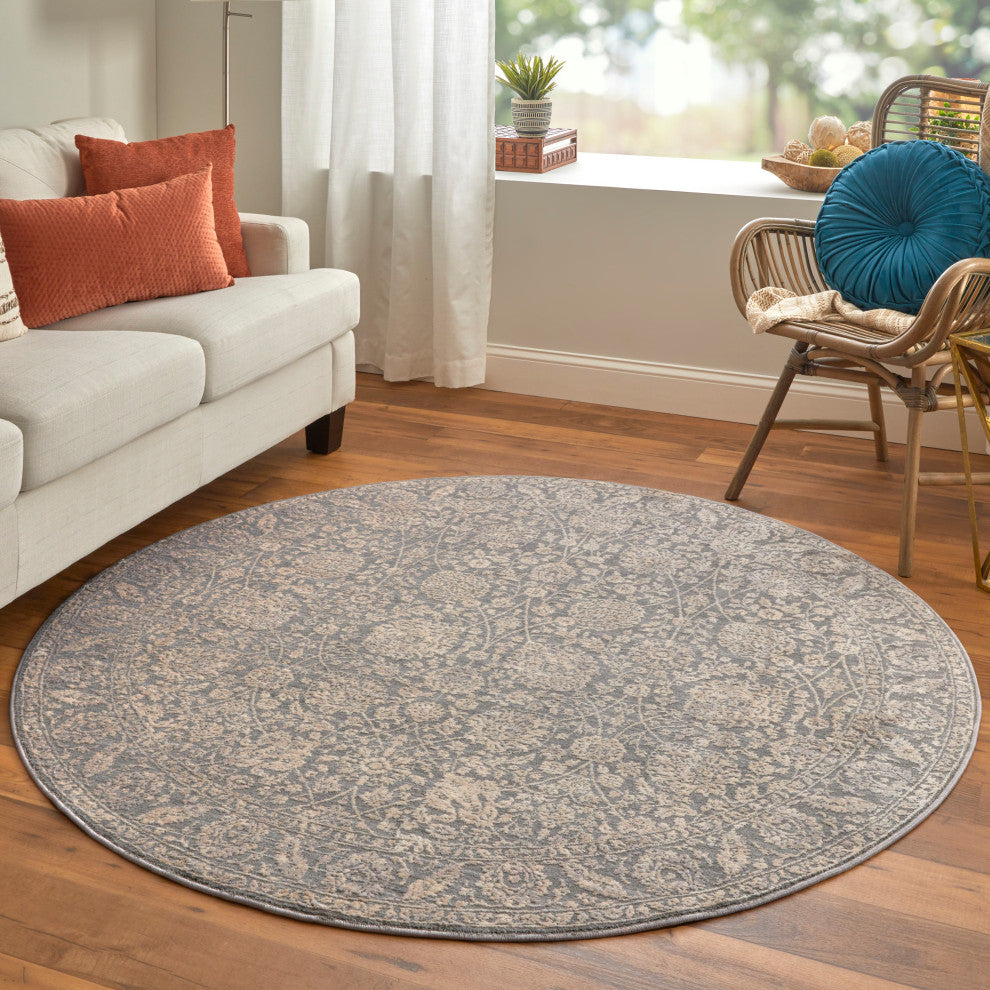 Weave & Wander Sybil Transitional Oriental Style Rug, Charcoal/Bone White, 5'-6"