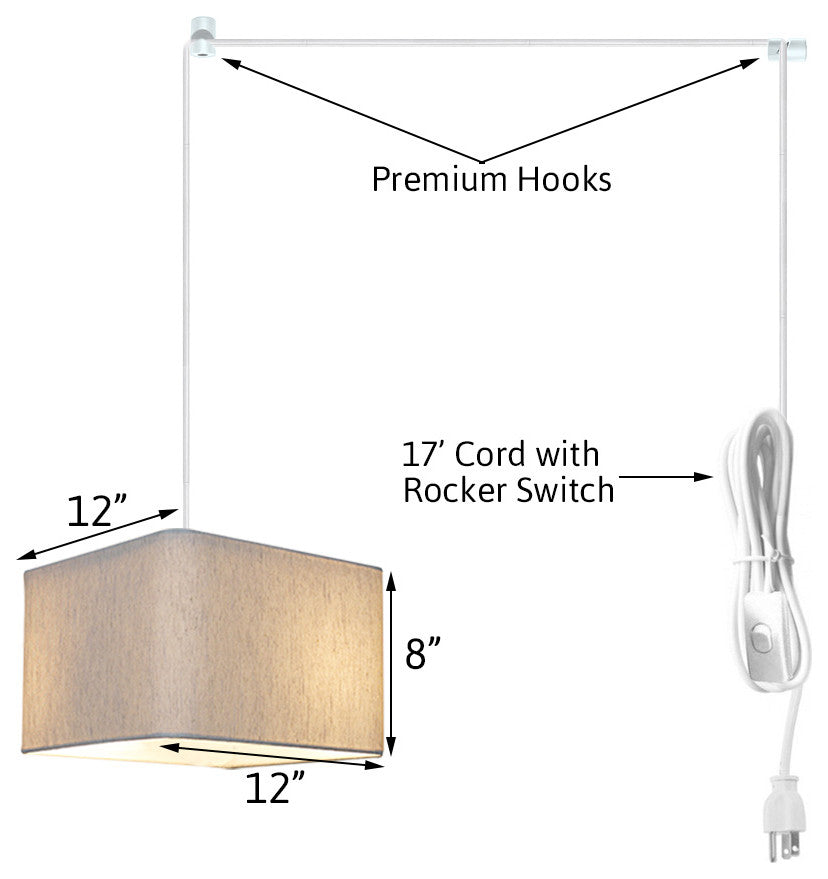 1 Light Swag Plug-In Pendant 14"w Rounded Corner Square Oatmeal Drum Shade, Whit