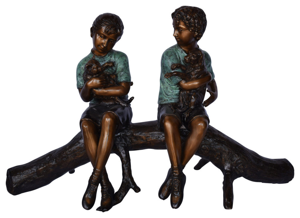 Boy and Girl With Pets Sitting on Log Bronze Statue Size: 44"L x 22"W x 26"H