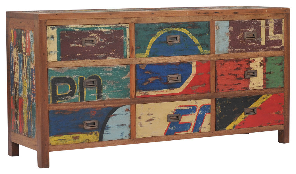 Dresser / Chest With 9 Drawers Made From Recycled Teak Wood Boats