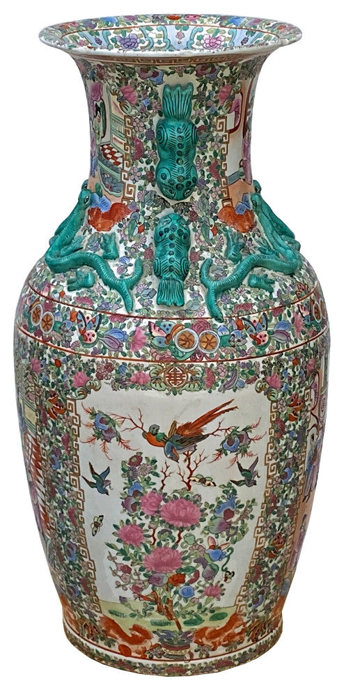 Chinese Hand Made Pink Turquoise House People Scenery Graphic Vase Hws2168