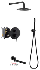 CASAINC 10" Round Wall Mounted Shower System Set Handheld Spray & Bathtub Spout, Matte Black