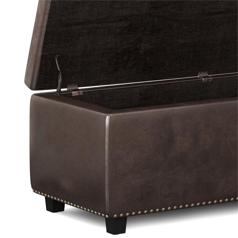 Hamilton 48 Inch Wide Rectangle Storage Ottoman In Distressed Brown Faux Leather