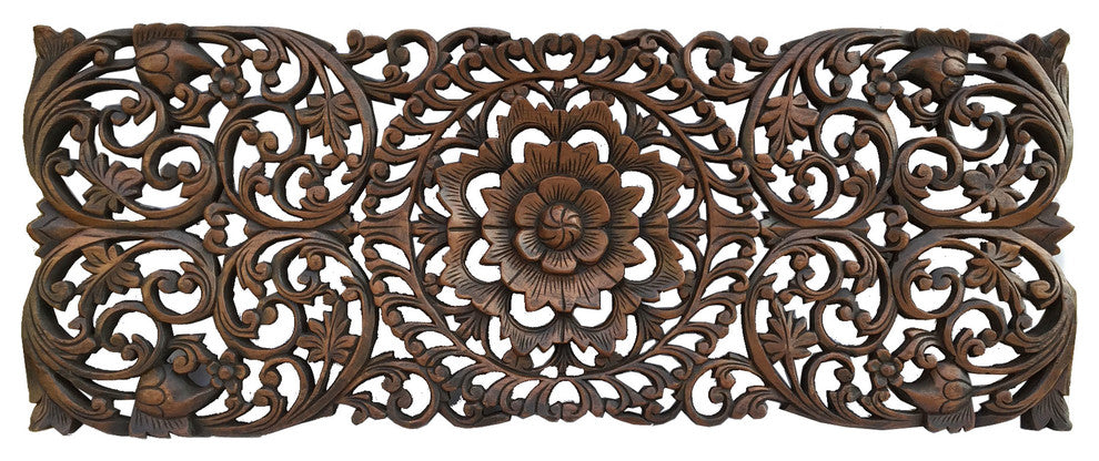 Floral Tropical Carved Wood Wall Panel, Dark Brown
