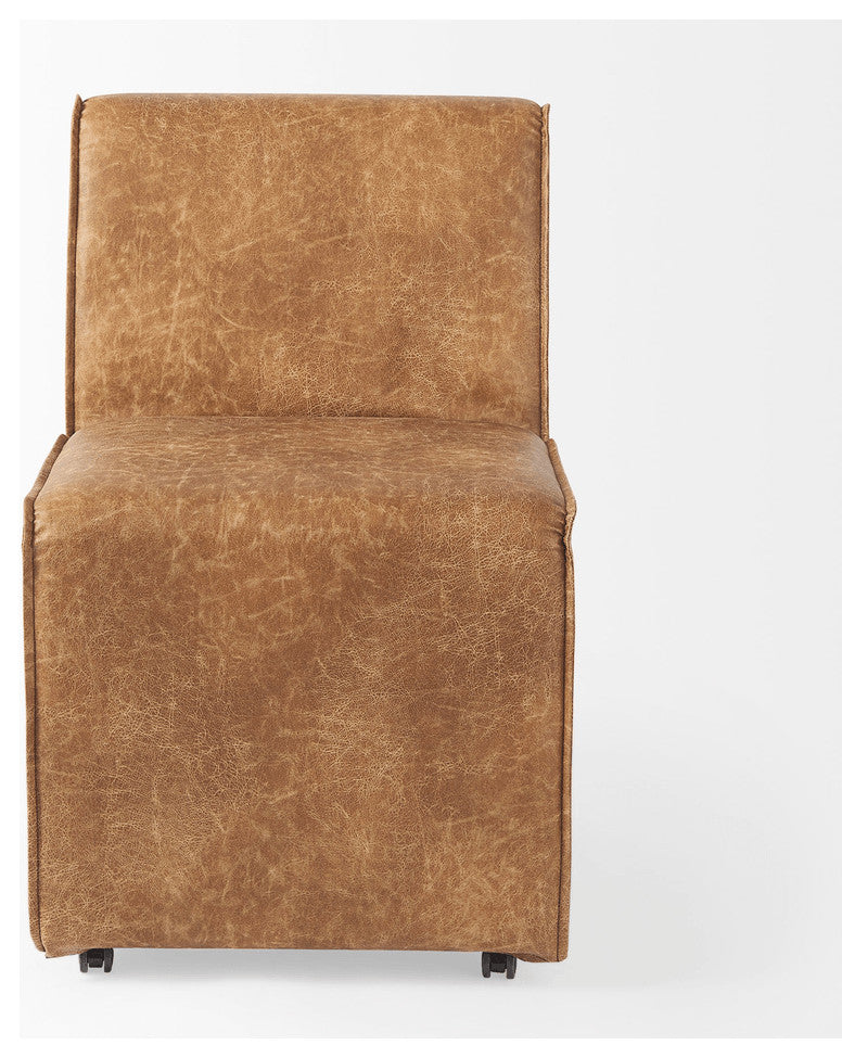 Set of Two Brown Upholstered Faux Leather Side Chairs With Wheels
