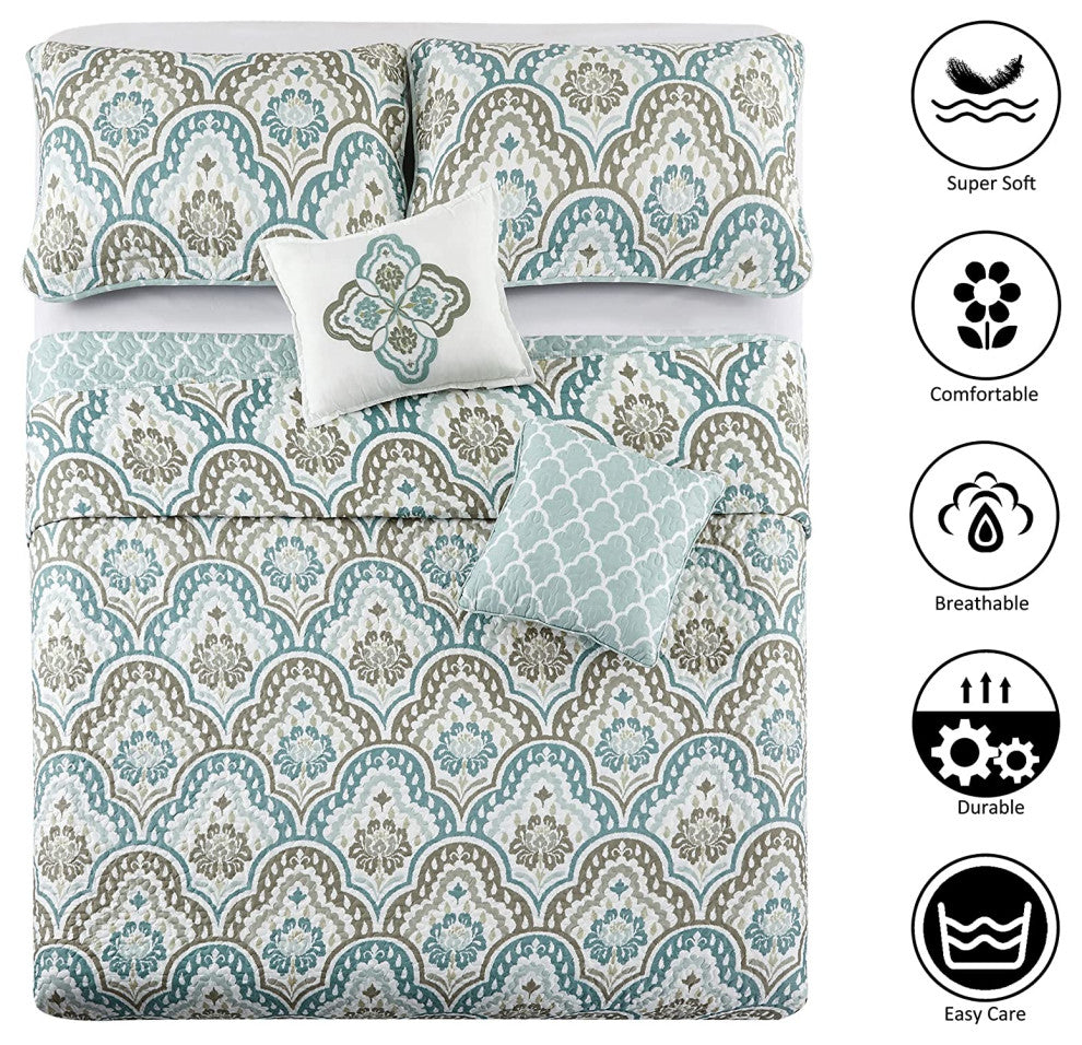 Tivoli Ikat Quilted 5 Piece Bed Spread Set, Teal Aqua, Floor Touching King