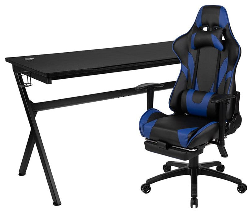 Gaming Desk and Blue Footrest Reclining Chair Set