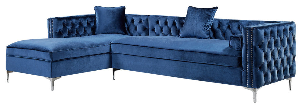 Jeannie Velvet Tufted With Nailhead Trim Sectional, Navy, Left Facing Chaise