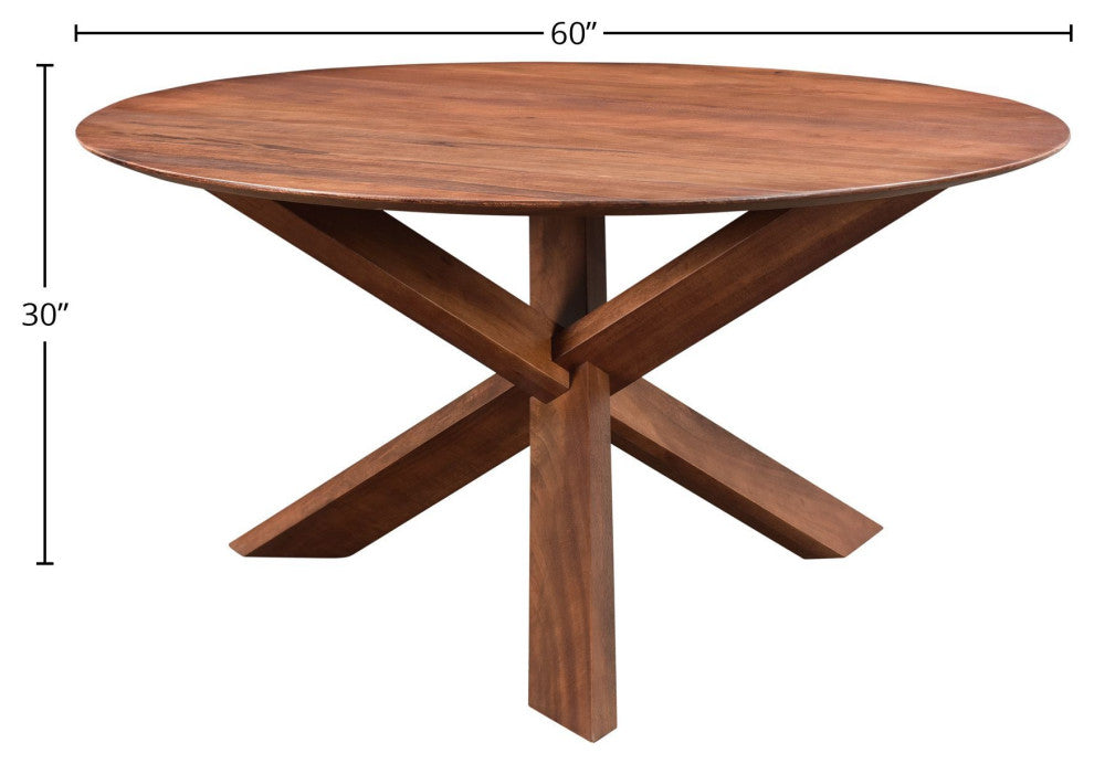 Round 60" Wide Mango Wood 3-Legged Dining Table, Brown
