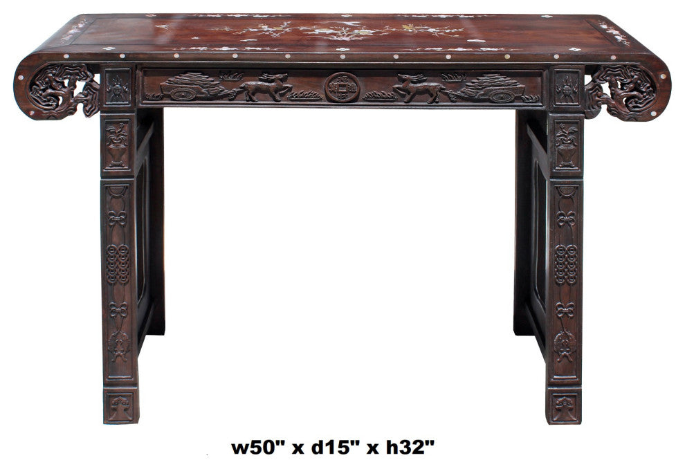 Chinese Brown Huali Rosewood Scroll Inlay Deer Fortune Motif Altar Table Hcs4227