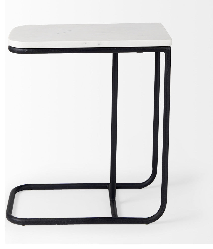 Kyra 12Lx20Wx23H White Marble Top With Black Iron Frame C-Shaped Side Table