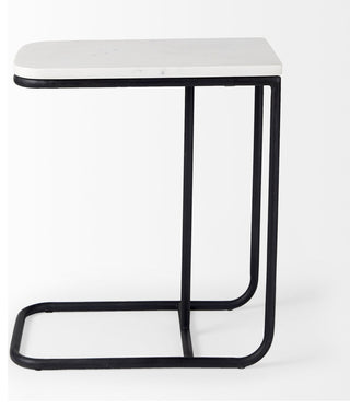 Kyra 12Lx20Wx23H White Marble Top With Black Iron Frame C-Shaped Side Table