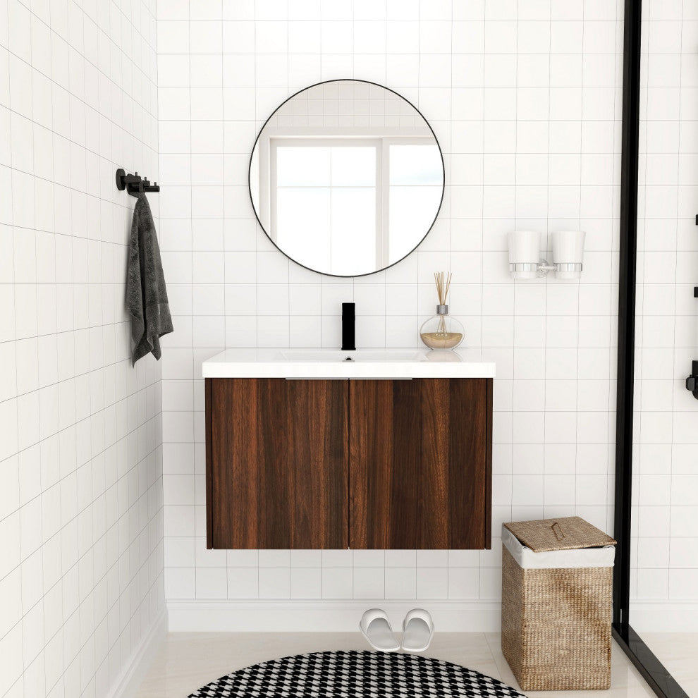 BNK 30" Bathroom Vanity with Resin Sink, Modern Design with Soft Close Doors, California  Walnut