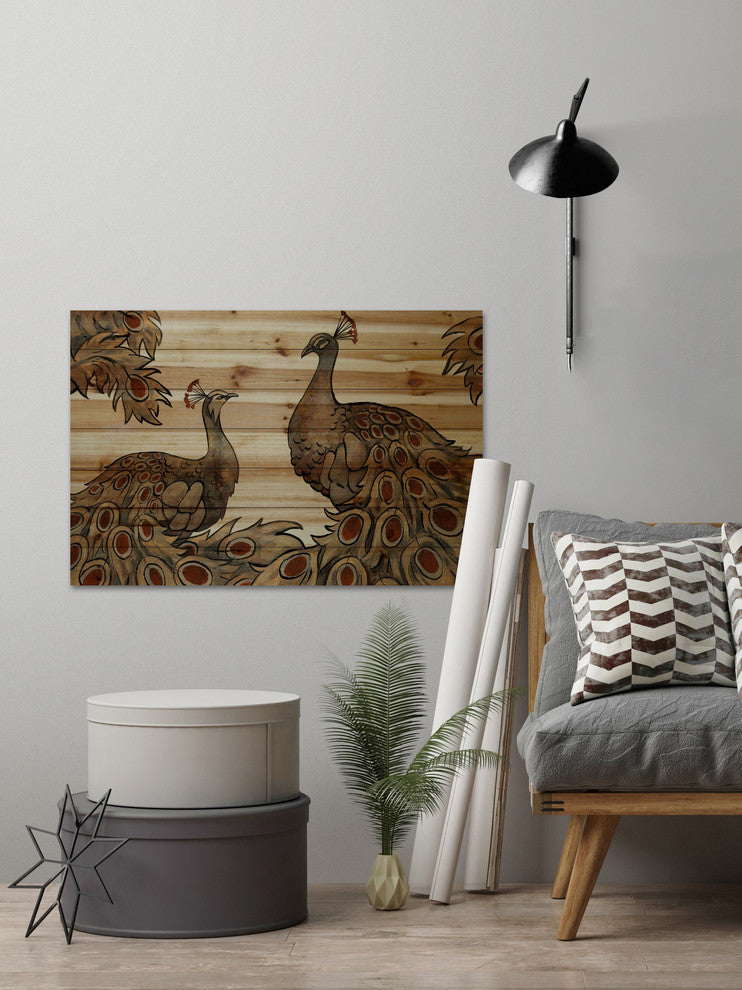 "Peacock Partner Bold II" Painting Print on Natural Pine Wood, 36"x24"