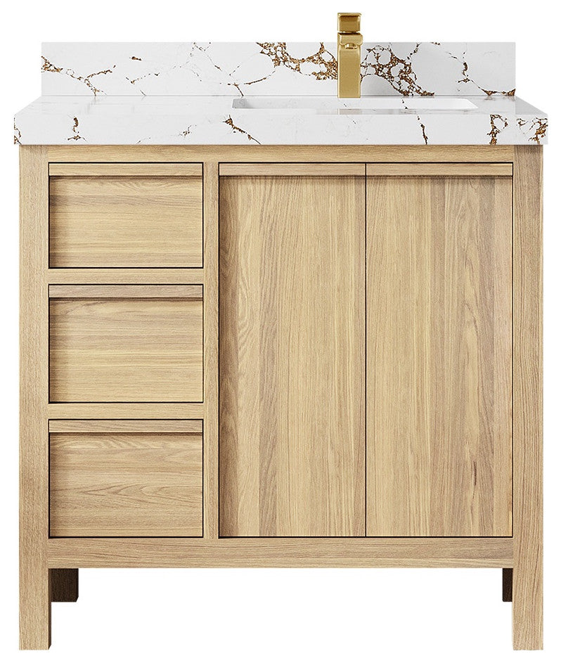 Elizabeth Oak 36" Right Offset Sink Vanity, White 2" Viola Brown