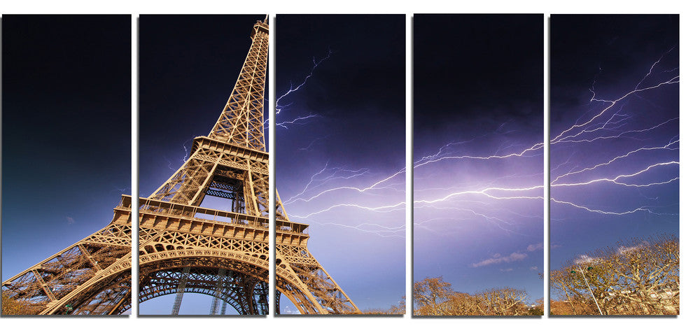 "Beautiful View Paris Eiffel Tower Under Purple Sky" Wall Art, 60"x28", 5-Panels