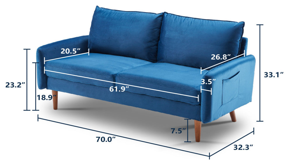 Blue Contemporary Velvet Sofa With Side Pockets