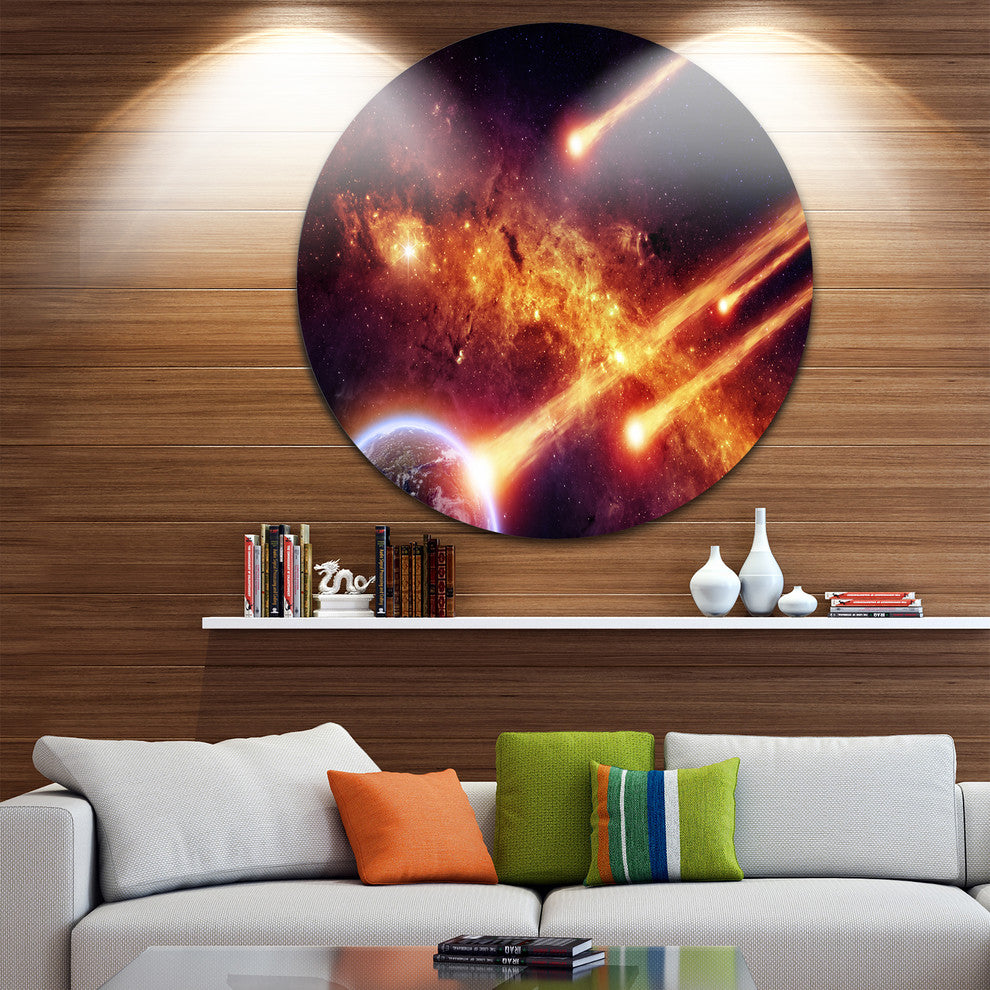 Fire From Planets, Modern Spacescape Disc Metal Artwork, 38"