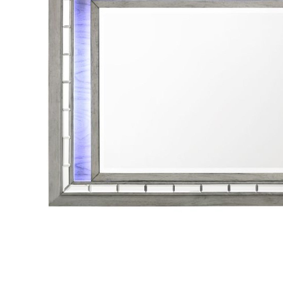 Benzara BM275063 48" Wood Mirror, LED, Mirrored Trim, Landscape, Light Gray