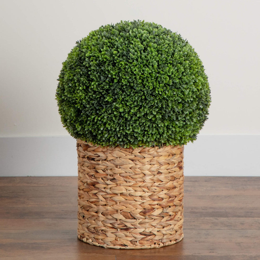 24" UV Resistant Faux Boxwood Ball Topiary, Hyacinth Weave Basket, In/Outdoor