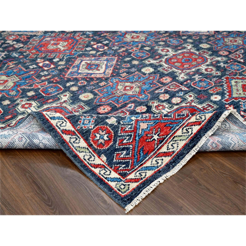 Charcoal Black Geometric Design Pure Wool Hand Knotted Oversized Rug 12'x14'10"