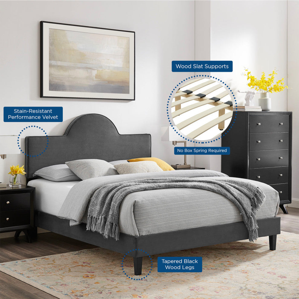 Platform Bed Frame, King Size, Charcoal Gray, Velvet, Modern, Guest Suite