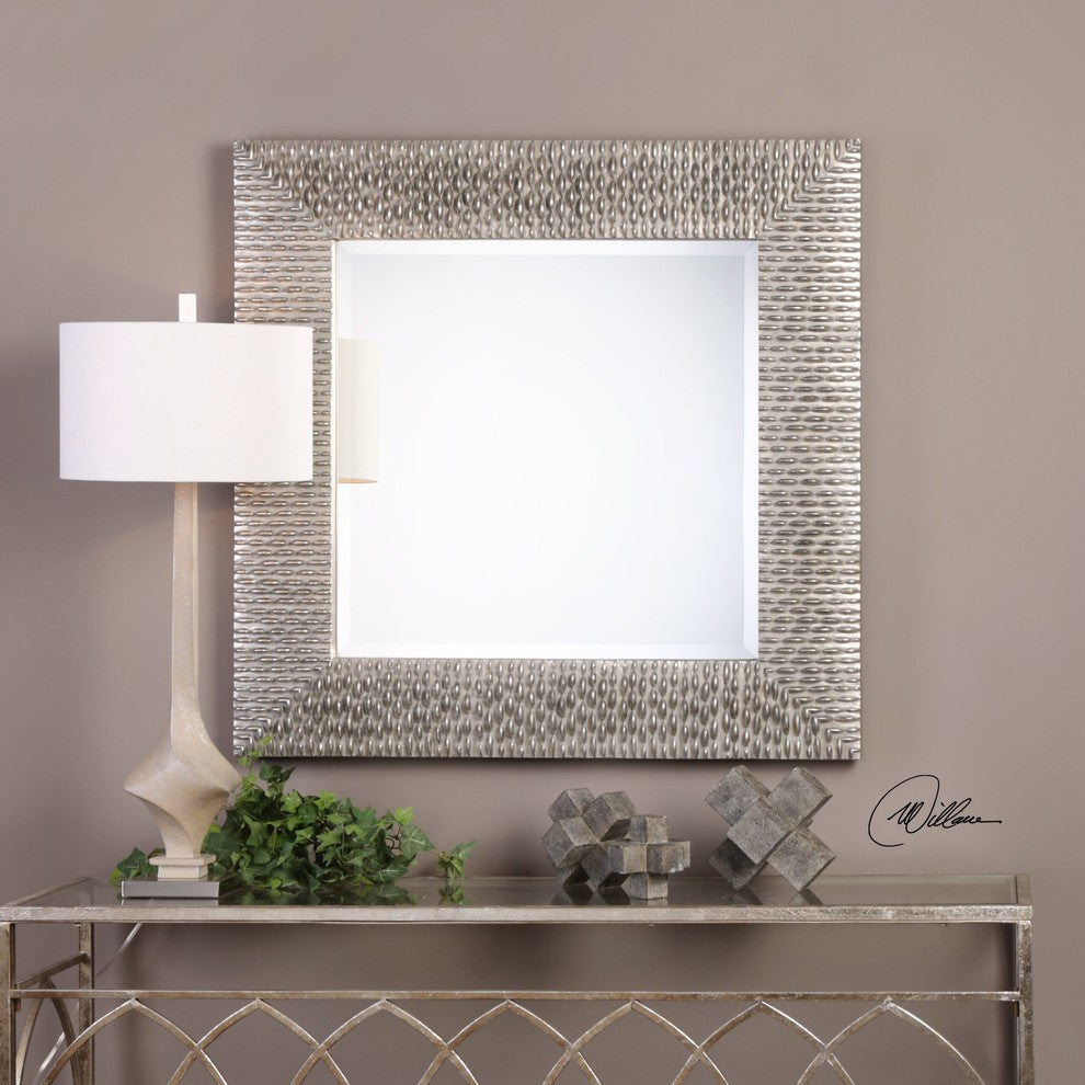Large 40" Beaded Silver Gray Wall Mirror, Square Vanity Textured
