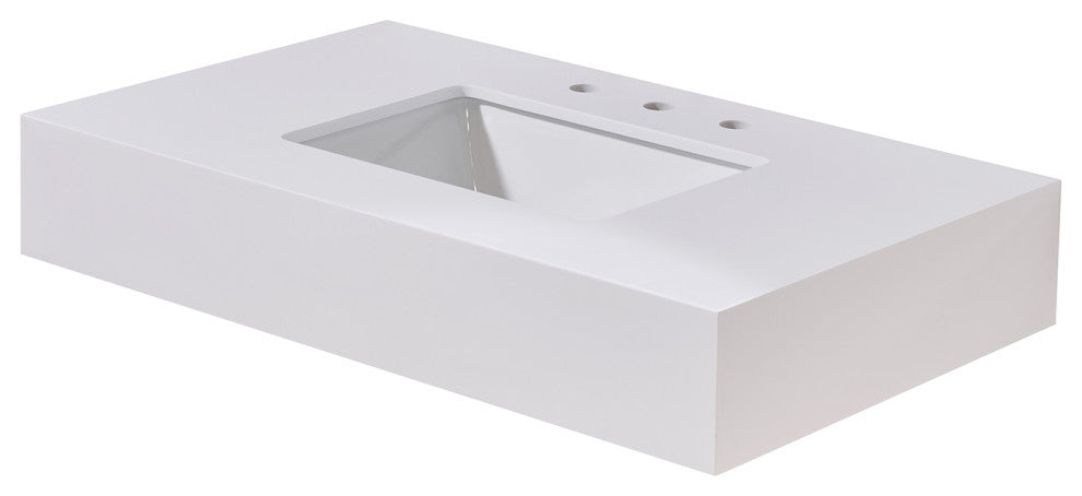 Edolo Engineered Stone Vanity Top, Snow White Apron With White Sink, 36"