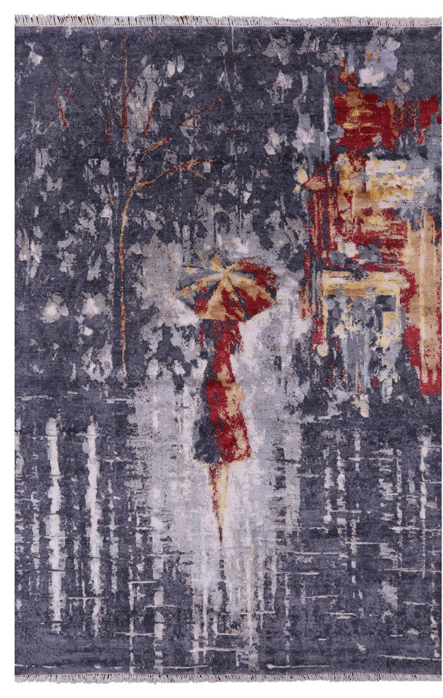Woman Under The Rain Handmade Wool & Silk Rug 5' 11" X 9' 0" - Q13158