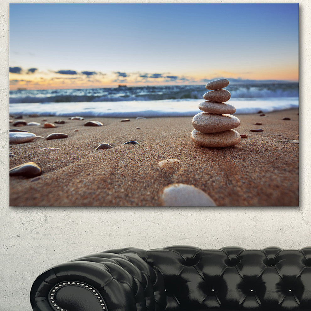 Stones Balance on Sandy Beach, Seashore Canvas Art Print, 60"x28"