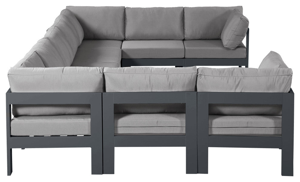 Nizuc Water Resistant Patio U-Shaped Modular Sectional, Gray, 9-Piece: 5 Armless Chair, 4 Corner Chair, Dark Gray Aluminum Frame