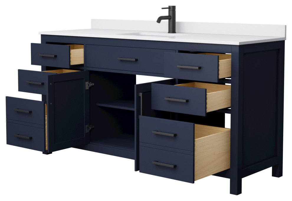 66"SGL Bathroom Vanity Dark Blue, White Cult.Marble Countertop, Sink, Black Trim