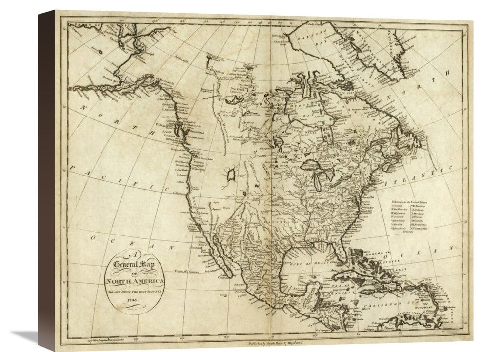 "Map of North America, 1796" Stretched Canvas Giclee by John Reid, 22"x18"