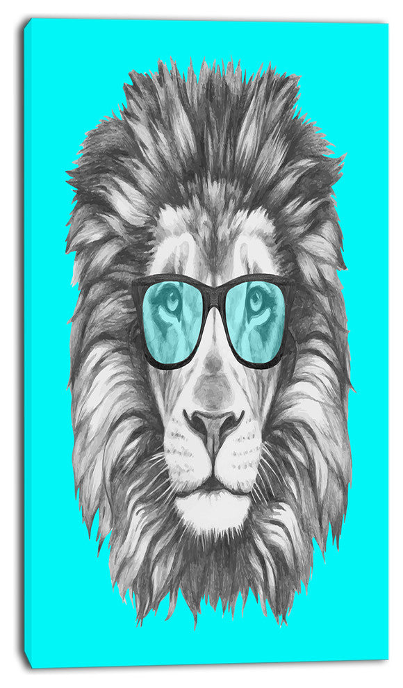 Funny Lion with Blue Glasses, Animal Canvas Art Print, 16"x32"
