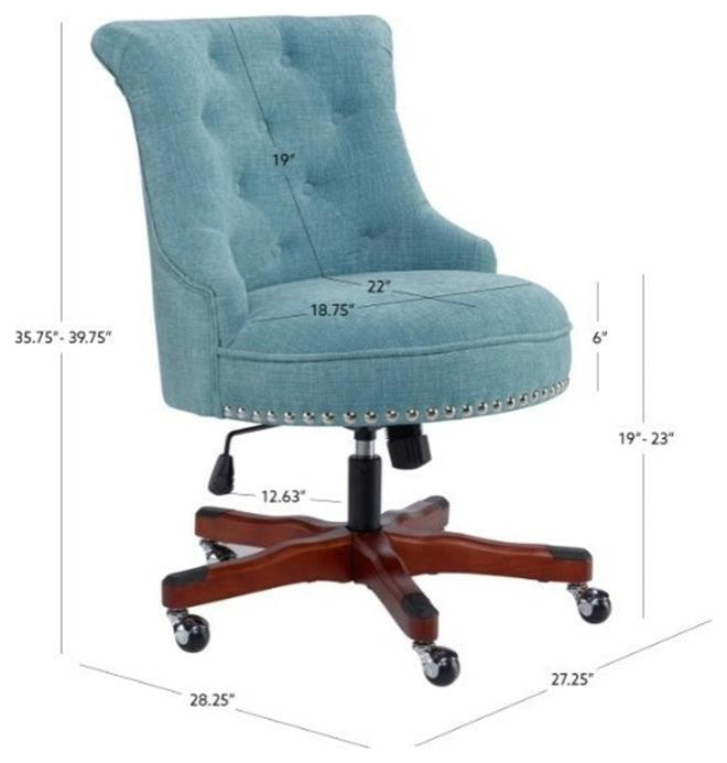 Linon Sinclair Upholstered Office Chair Wood Base with Wheels in Aqua Blue