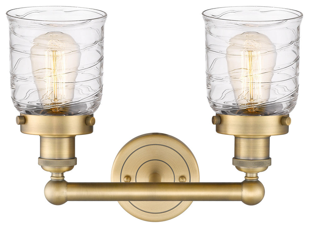 Edison Small Bell 2-Light 16" Bath Vanity Light, Brushed Brass, Clear Deco Swirl